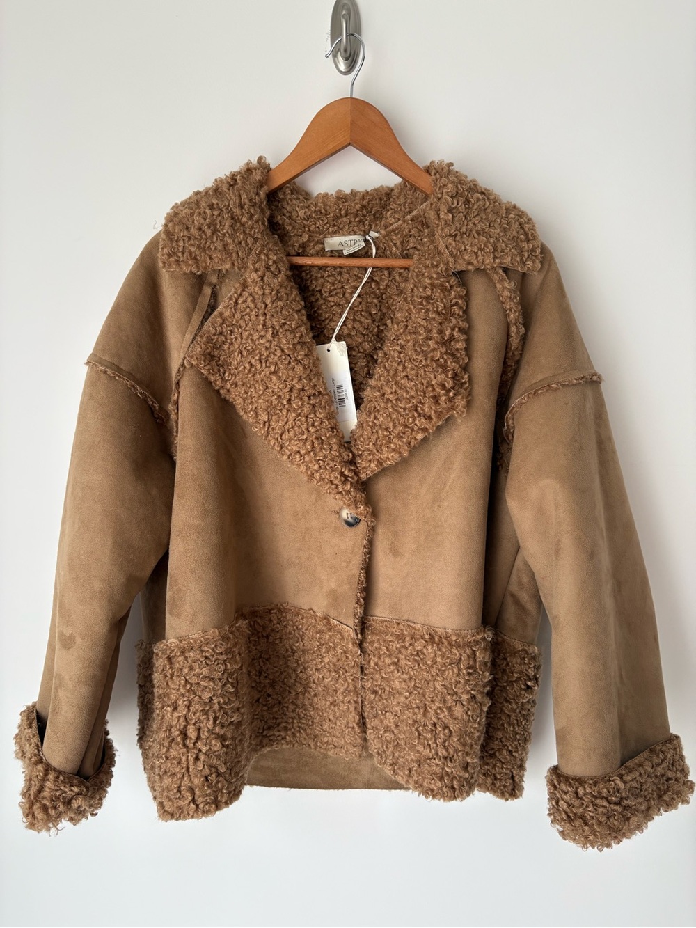 Astrid brand Teddy-Trim Suede Pea Coat in Camel Brown
